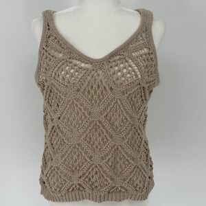 Tan Crochet Knit Tank Top V Neck Sleeveless Pullover Shirt Medium Boho Inde
